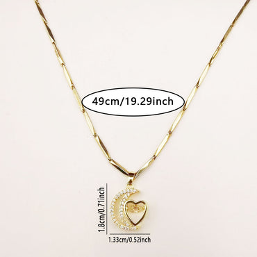 Sweet Moon Heart Shape Stainless Steel Plating Inlay Rhinestones Pendant Necklace