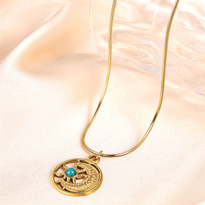 Vintage Style Simple Style Moon Stainless Steel Plating Inlay Turquoise Gold Plated Pendant Necklace