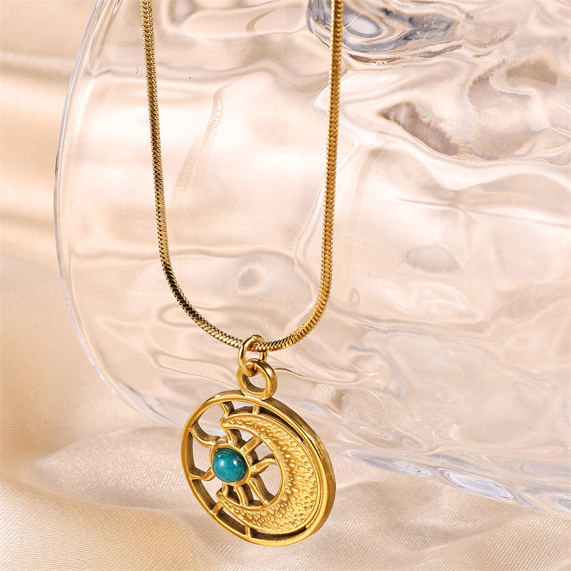 Vintage Style Simple Style Moon Stainless Steel Plating Inlay Turquoise Gold Plated Pendant Necklace