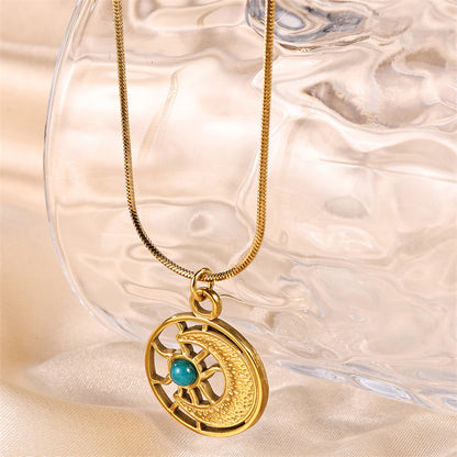 Vintage Style Simple Style Moon Stainless Steel Plating Inlay Turquoise Gold Plated Pendant Necklace