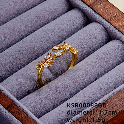 Elegant Simple Style Butterfly Copper Gold Plated Zircon Open Rings In Bulk