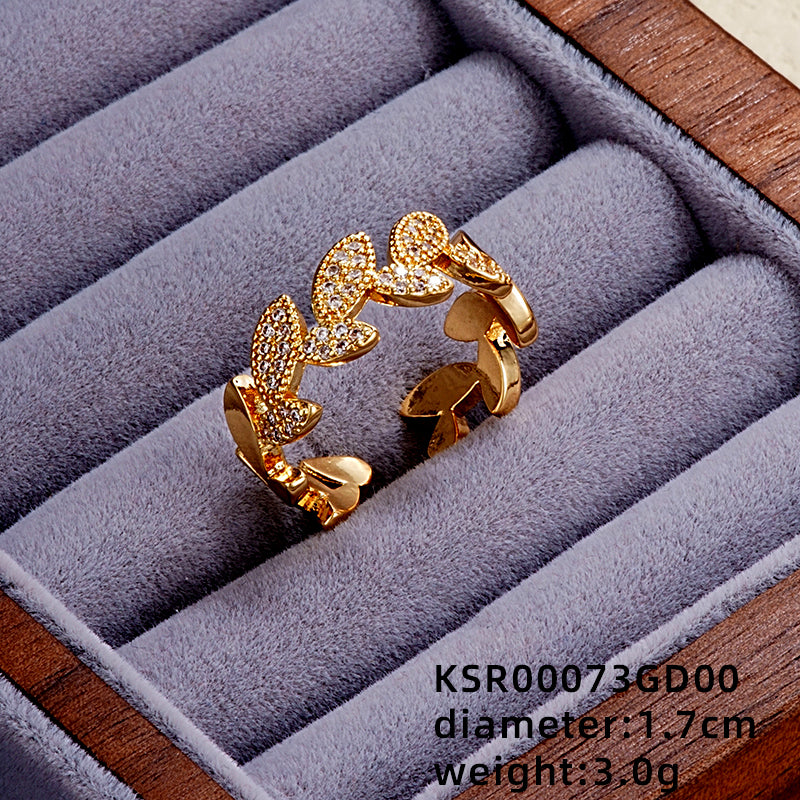 Elegant Simple Style Butterfly Copper Gold Plated Zircon Open Rings In Bulk