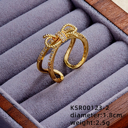 Elegant Simple Style Star Bow Knot Copper Gold Plated Zircon Open Rings In Bulk