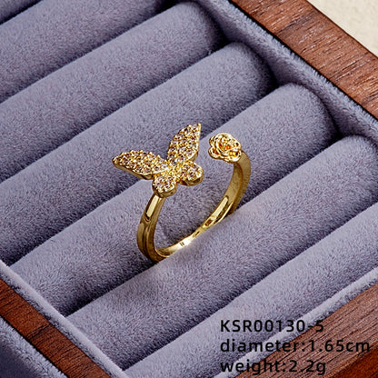 Elegant Simple Style Heart Shape Butterfly Copper Gold Plated Zircon Open Rings Rings In Bulk