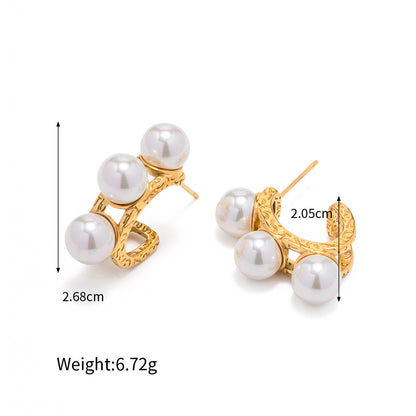 1 Pair Ig Style Casual C Shape Solid Color Plating Inlay Stainless Steel Artificial Pearls 14k Gold Plated Ear Studs