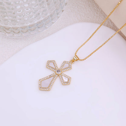 Elegant Lady Marine Style Cross Anchor Shell Copper Plating Inlay Zircon 18k Gold Plated Women's Pendant Necklace