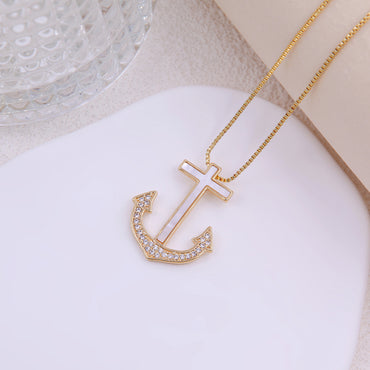 Elegant Lady Marine Style Cross Anchor Shell Copper Plating Inlay Zircon 18k Gold Plated Women's Pendant Necklace