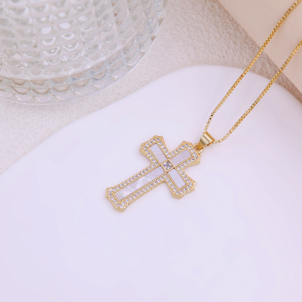 Elegant Lady Marine Style Cross Anchor Shell Copper Plating Inlay Zircon 18k Gold Plated Women's Pendant Necklace