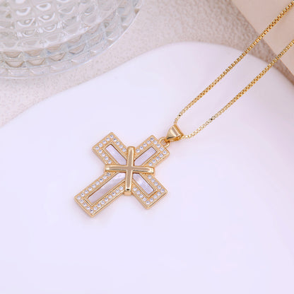 Elegant Lady Marine Style Cross Anchor Shell Copper Plating Inlay Zircon 18k Gold Plated Women's Pendant Necklace