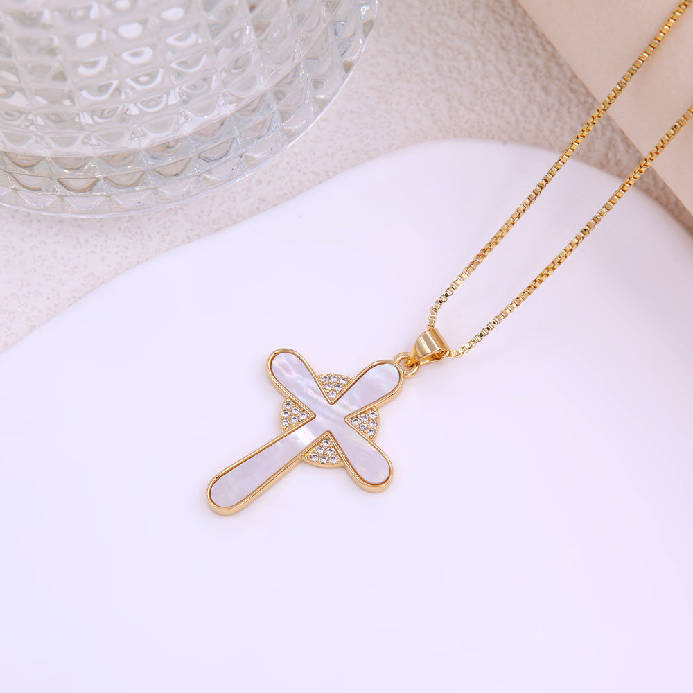 Elegant Lady Marine Style Cross Anchor Shell Copper Plating Inlay Zircon 18k Gold Plated Women's Pendant Necklace