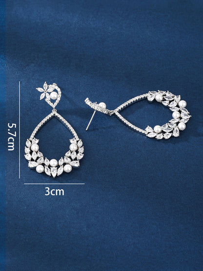1 Pair Elegant Solid Color Plating Inlay Copper Artificial Pearls Zircon White Gold Plated Drop Earrings