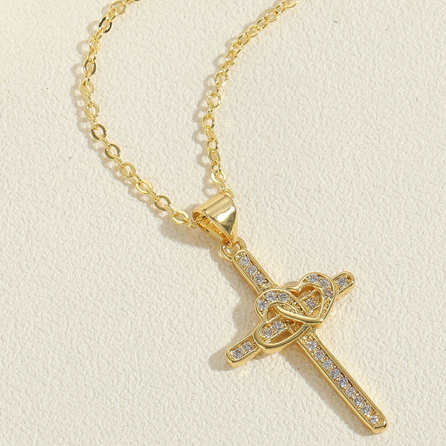 Casual Vintage Style Simple Style Cross Copper 14k Gold Plated Zircon Pendant Necklace In Bulk