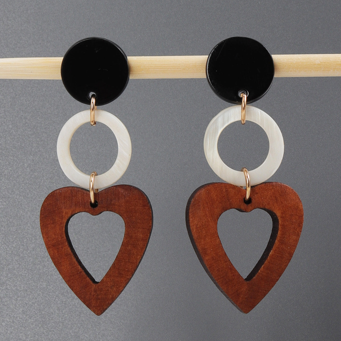 1 Pair Ethnic Style Heart Shape Plating Inlay Wood Shell Shell 18k Gold Plated Drop Earrings