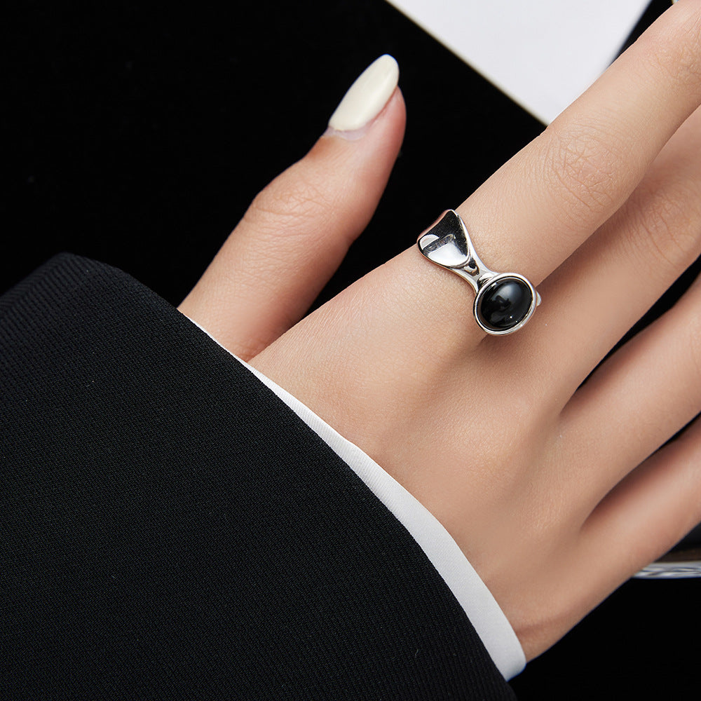 Casual Solid Color Sterling Silver Asymmetrical Plating Inlay Agate White Gold Plated Open Rings