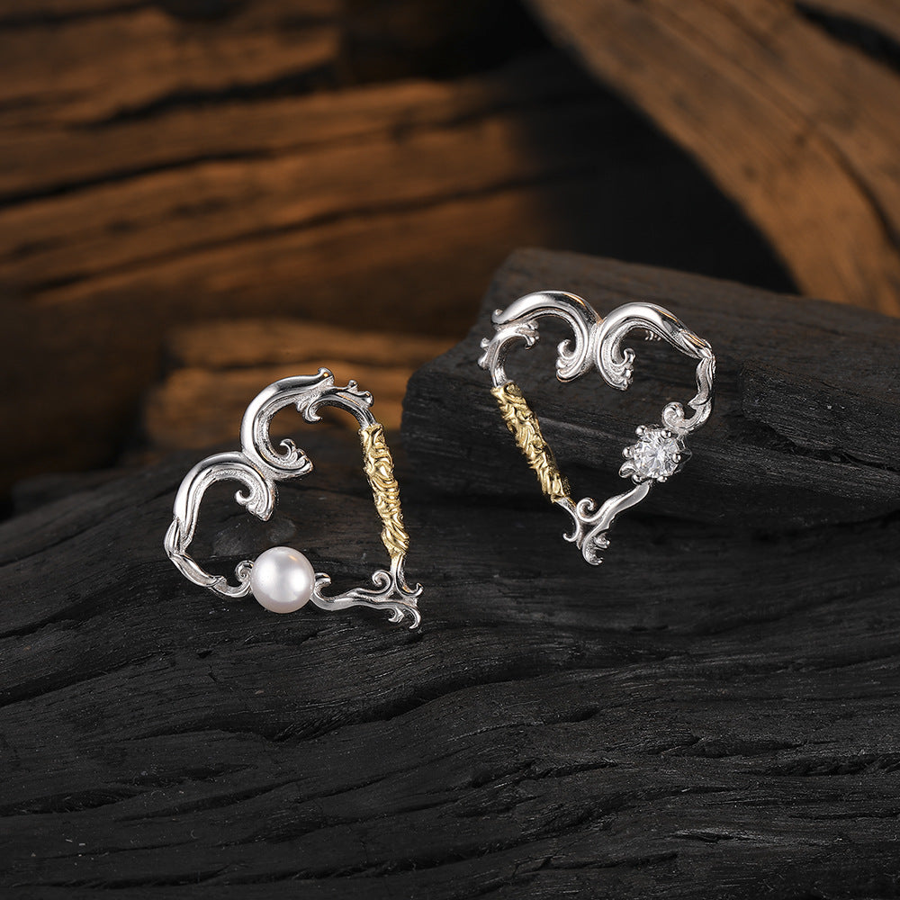 1 Pair Original Design Heart Shape Plating Inlay Sterling Silver Freshwater Pearl Zircon 24k Gold Plated White Gold Plated Ear Studs