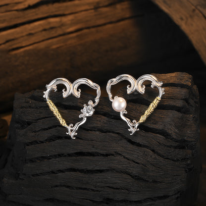 1 Pair Original Design Heart Shape Plating Inlay Sterling Silver Freshwater Pearl Zircon 24k Gold Plated White Gold Plated Ear Studs