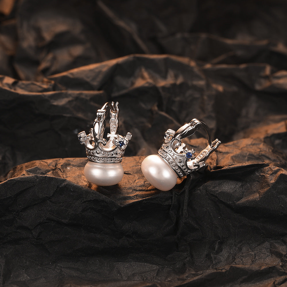 1 Pair Casual Crown Plating Inlay Sterling Silver Freshwater Pearl Zircon White Gold Plated Earrings