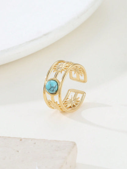 Retro Geometric Stainless Steel Plating Inlay Natural Stone 18k Gold Plated Open Rings