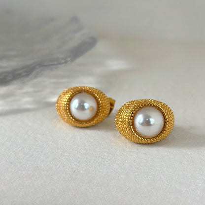 1 Pair Ig Style Casual Round Solid Color Plating Inlay Stainless Steel Artificial Pearls 14k Gold Plated Ear Studs