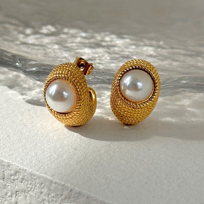 1 Pair Ig Style Casual Round Solid Color Plating Inlay Stainless Steel Artificial Pearls 14k Gold Plated Ear Studs