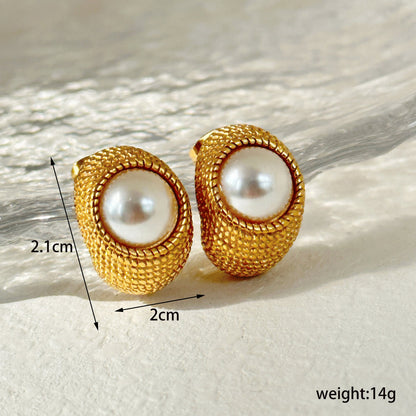 1 Pair Ig Style Casual Round Solid Color Plating Inlay Stainless Steel Artificial Pearls 14k Gold Plated Ear Studs