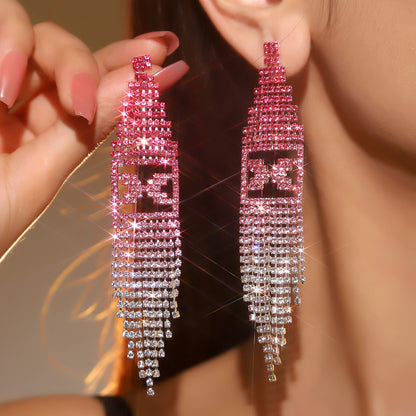 1 Pair Elegant Luxurious Geometric Tassel Plating Inlay Alloy Rhinestones Silver Plated Drop Earrings