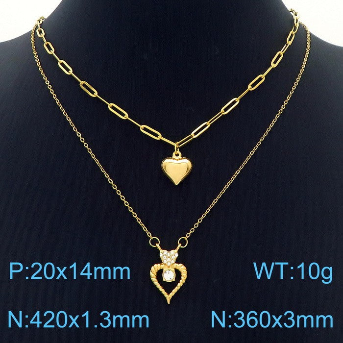 Elegant Lady Letter Heart Shape Stainless Steel Inlay Zircon Layered Necklaces