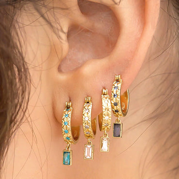 1 Pair Retro Simple Style Round Water Droplets Rectangle Epoxy Inlay Copper Zircon Drop Earrings