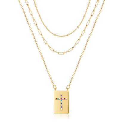 Hip-hop Cool Style Cross Heart Shape Lock Copper 14k Gold Plated Three Layer Necklace In Bulk