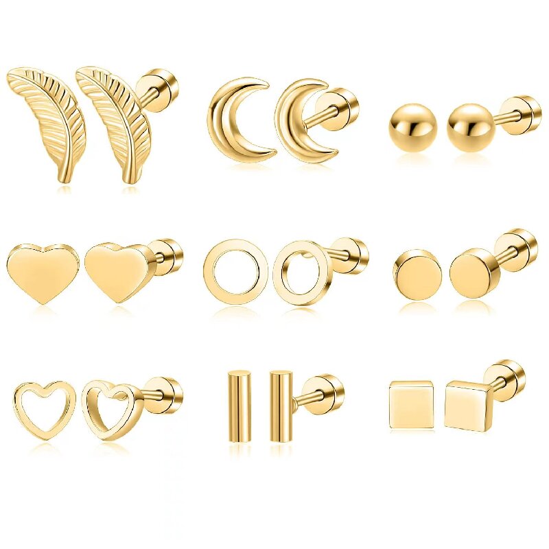 9 Pairs Simple Style Moon Tree Heart Shape Plating Stainless Steel 18k Gold Plated Ear Studs