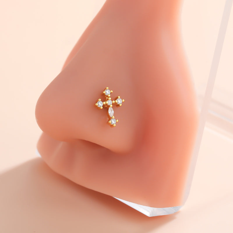 Classic Style Animal Cross Stainless Steel Copper Plating Inlay Zircon 18k Gold Plated Nose Studs