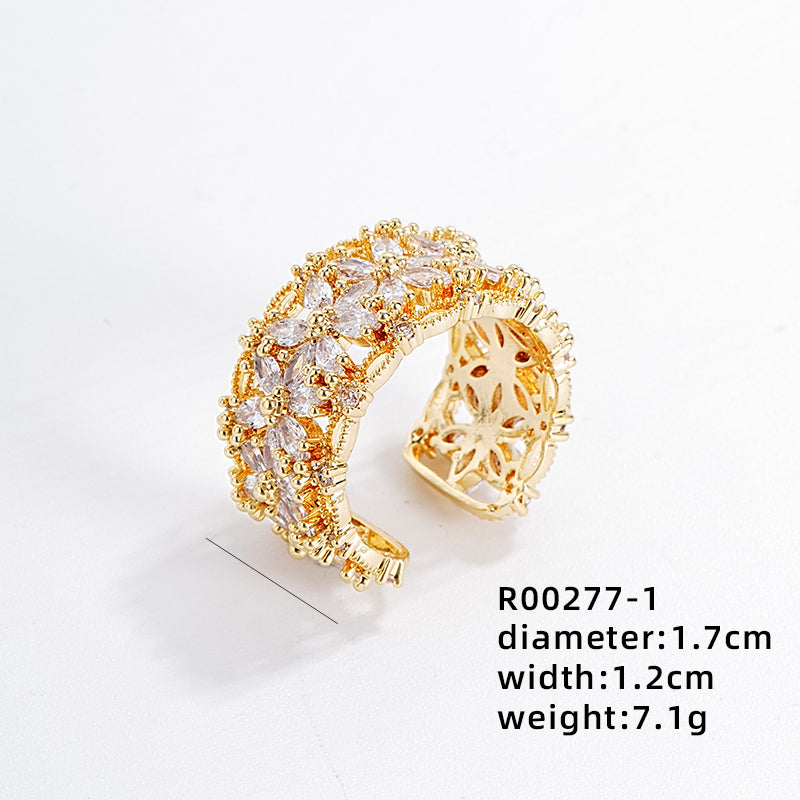 Retro Flower Copper Gold Plated Zircon Open Rings In Bulk