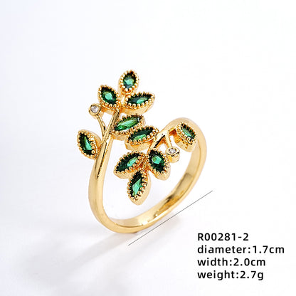 Ig Style Simple Style Round Leaves Copper Zircon Open Rings In Bulk