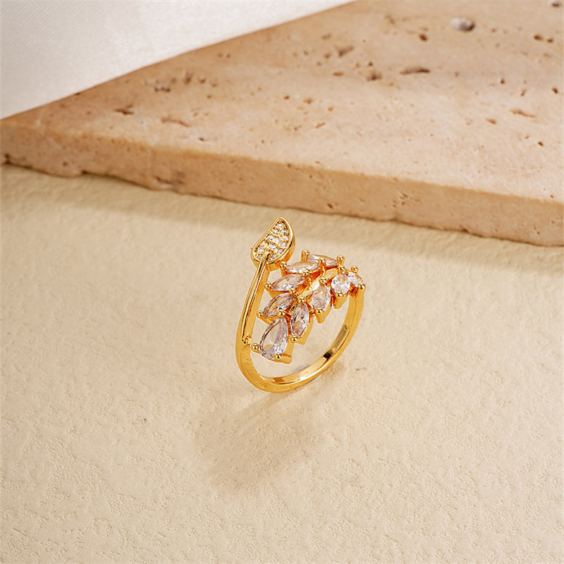 Ig Style Elegant Simple Style Geometric Leaves Copper Gold Plated Zircon Open Rings In Bulk