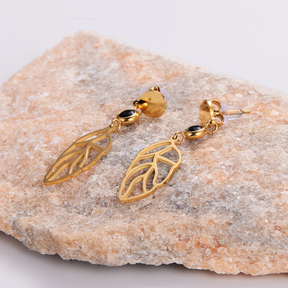 1 Pair Vintage Style Leaf Plating Inlay Stainless Steel Zircon 18k Gold Plated Drop Earrings