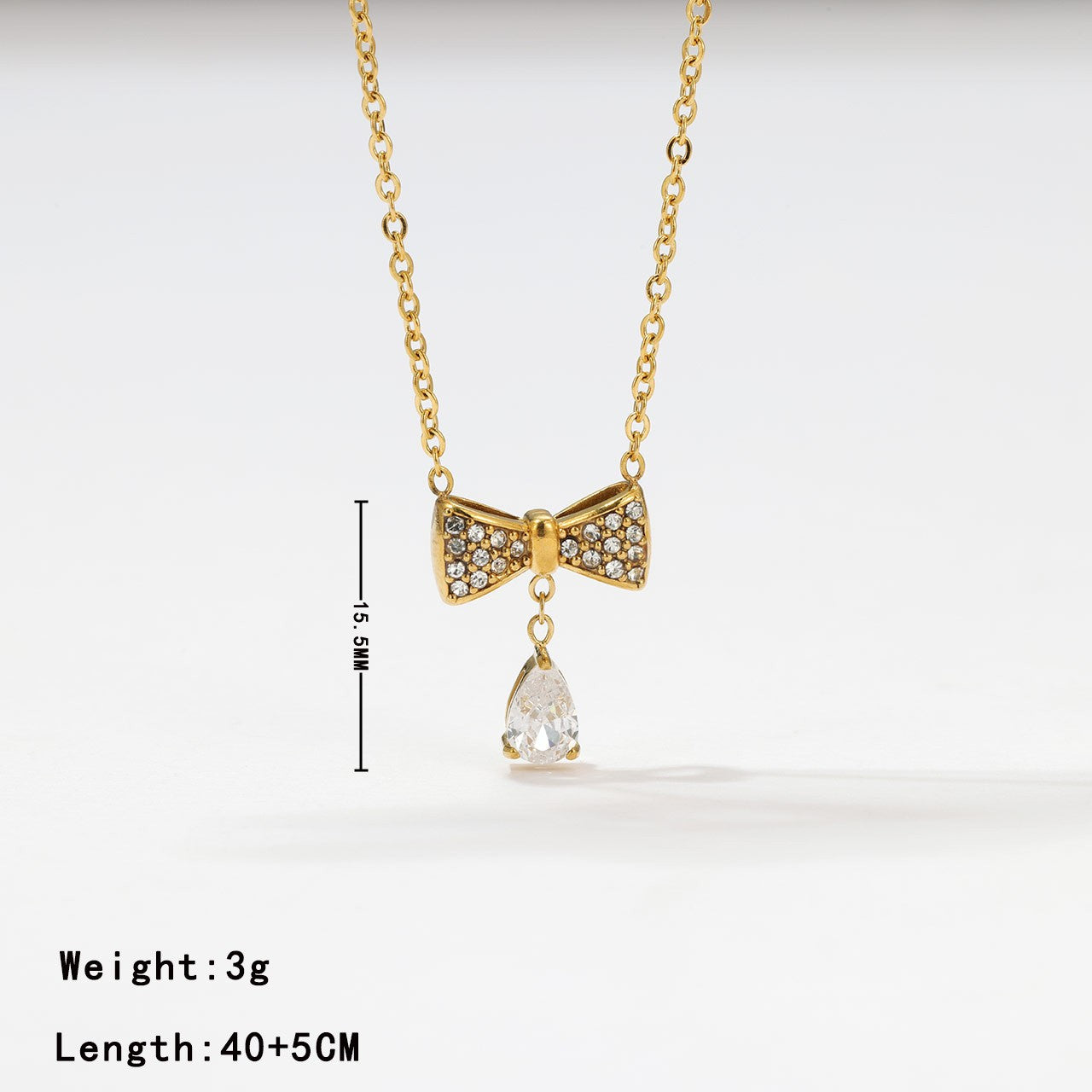 Elegant Sweet Water Droplets Bow Knot Stainless Steel Plating Inlay Zircon White Gold Plated Gold Plated Pendant Necklace