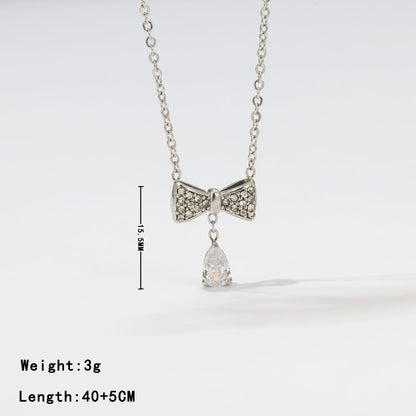 Elegant Sweet Water Droplets Bow Knot Stainless Steel Plating Inlay Zircon White Gold Plated Gold Plated Pendant Necklace