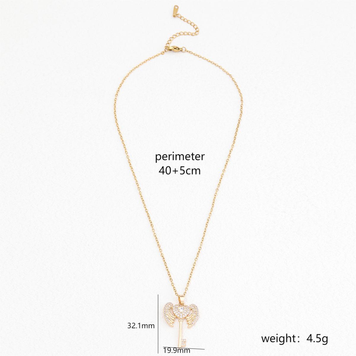 Stainless Steel 18K Gold Plated Elegant Formal Simple Style Heart Shape Wings Key Polishing Inlay Zircon Pendant Necklace