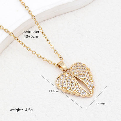 Stainless Steel 18K Gold Plated Elegant Formal Simple Style Heart Shape Wings Key Polishing Inlay Zircon Pendant Necklace