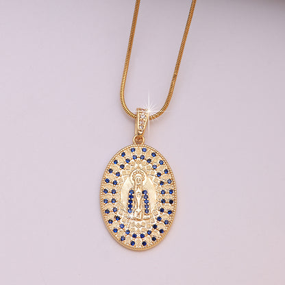 Hip-hop Punk Round Virgin Mary Stainless Steel Artificial Gemstones Copper 18k Gold Plated Zircon Pendant Necklace In Bulk