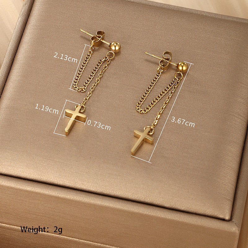 1 Pair Vintage Style Xuping Cross Tassel Plating Stainless Steel 14k Gold Plated Drop Earrings