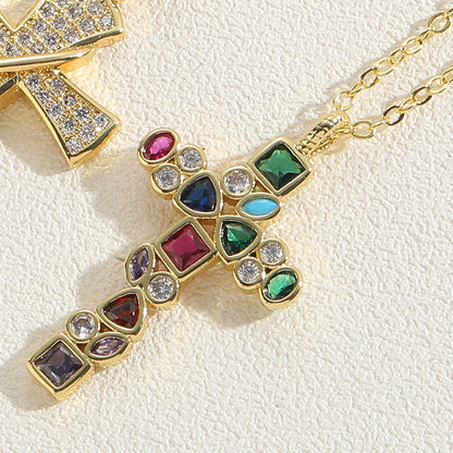 Vintage Style Simple Style Cross Copper 14k Gold Plated Zircon Pendant Necklace In Bulk