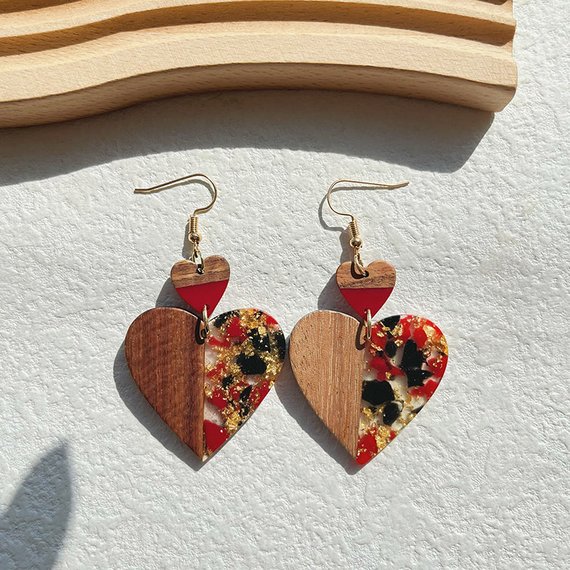 1 Pair Classical Retro Water Droplets Heart Shape Asymmetrical Wood Resin Sequins Resin 14k Gold Plated Drop Earrings