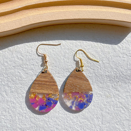 1 Pair Classical Classic Style Water Droplets Heart Shape Printing Wood Resin 14k Gold Plated Drop Earrings