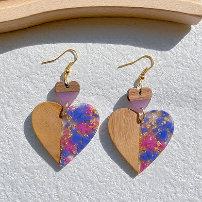 1 Pair Classical Classic Style Water Droplets Heart Shape Printing Wood Resin 14k Gold Plated Drop Earrings