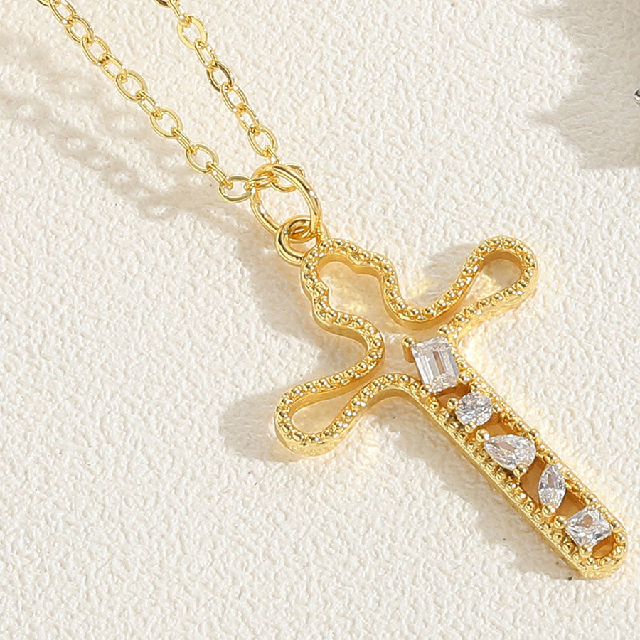 Cute Vintage Style Simple Style Cross Brass 14k Gold Plated White Gold Plated Zircon Pendant Necklace In Bulk