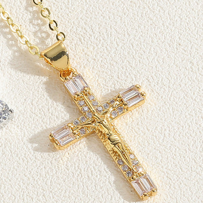 Cute Vintage Style Simple Style Cross Brass 14k Gold Plated White Gold Plated Zircon Pendant Necklace In Bulk