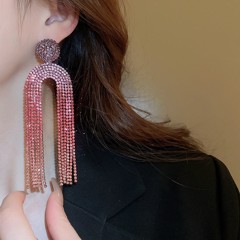 1 Pair Elegant Luxurious U Shape Tassel Inlay Alloy Rhinestones Drop Earrings