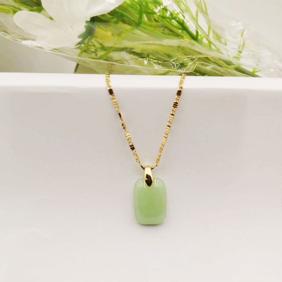 Chinoiserie Square Titanium Alloy Plating Inlay Imitation Jade Women's Pendant Necklace