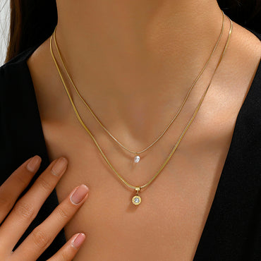 Simple Style Roman Numeral Stainless Steel Plating Inlay Zircon 14k Gold Plated Double Layer Necklaces